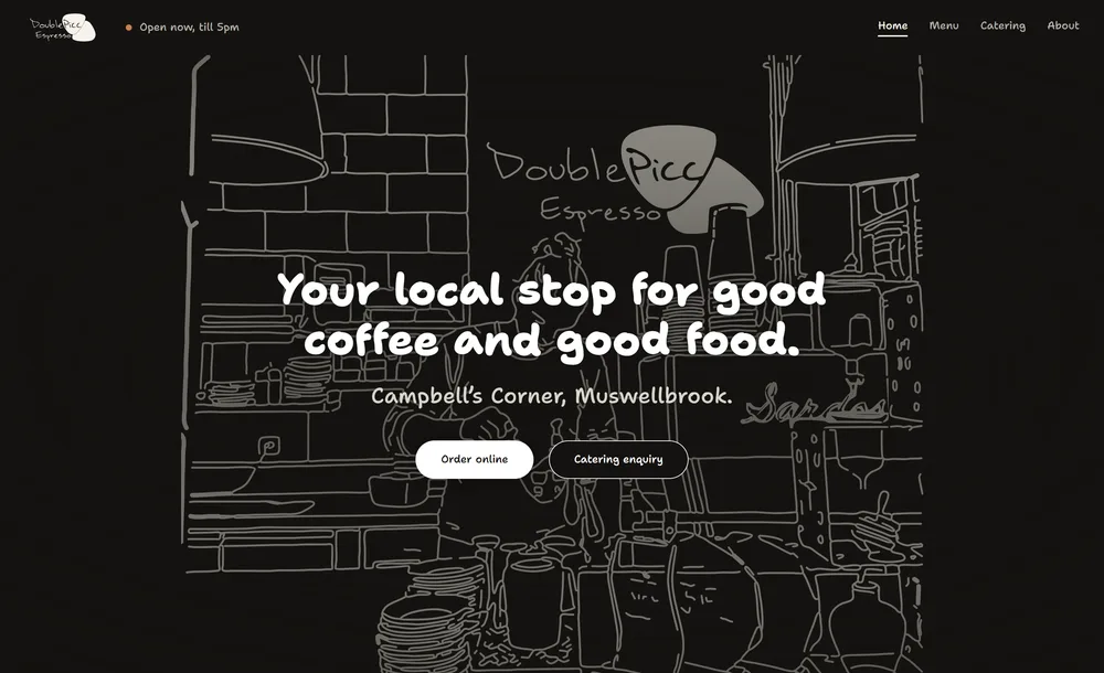 The new Double Picc Espresso website: the mural as a line drawing behind the headline, with buttons to order online and ask about catering.