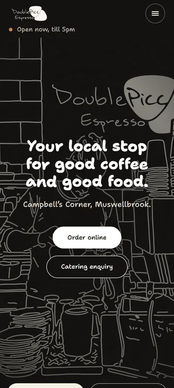 The new Double Picc Espresso website: the mural as a line drawing behind the headline, with buttons to order online and ask about catering.