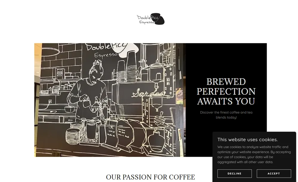 The old Double Picc Espresso website: one website builder page, with a photo of the mural and a cookie banner over the corner.