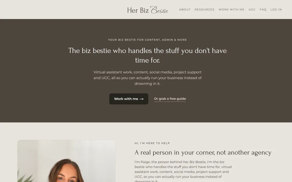 The Her Biz Bestie website, homepage